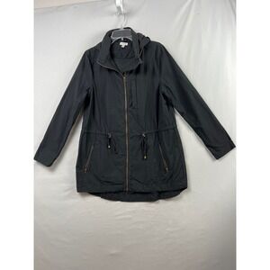 Garnet Hill Utility Jacket Women M Black Hidden Hooded Drawstring Casual